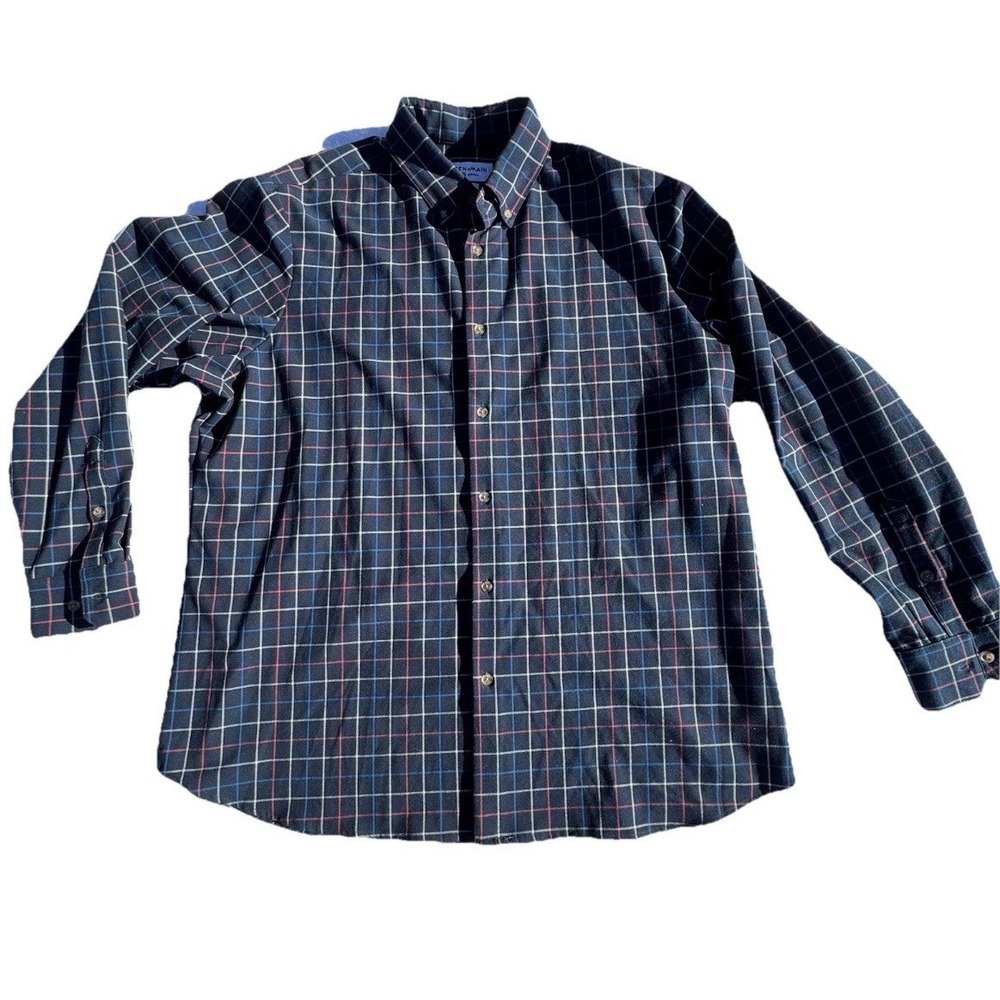 Mizzen Main Shirt XXL Trim Fit‎ Blue Gray Plaid Stretch Classic Business Casual